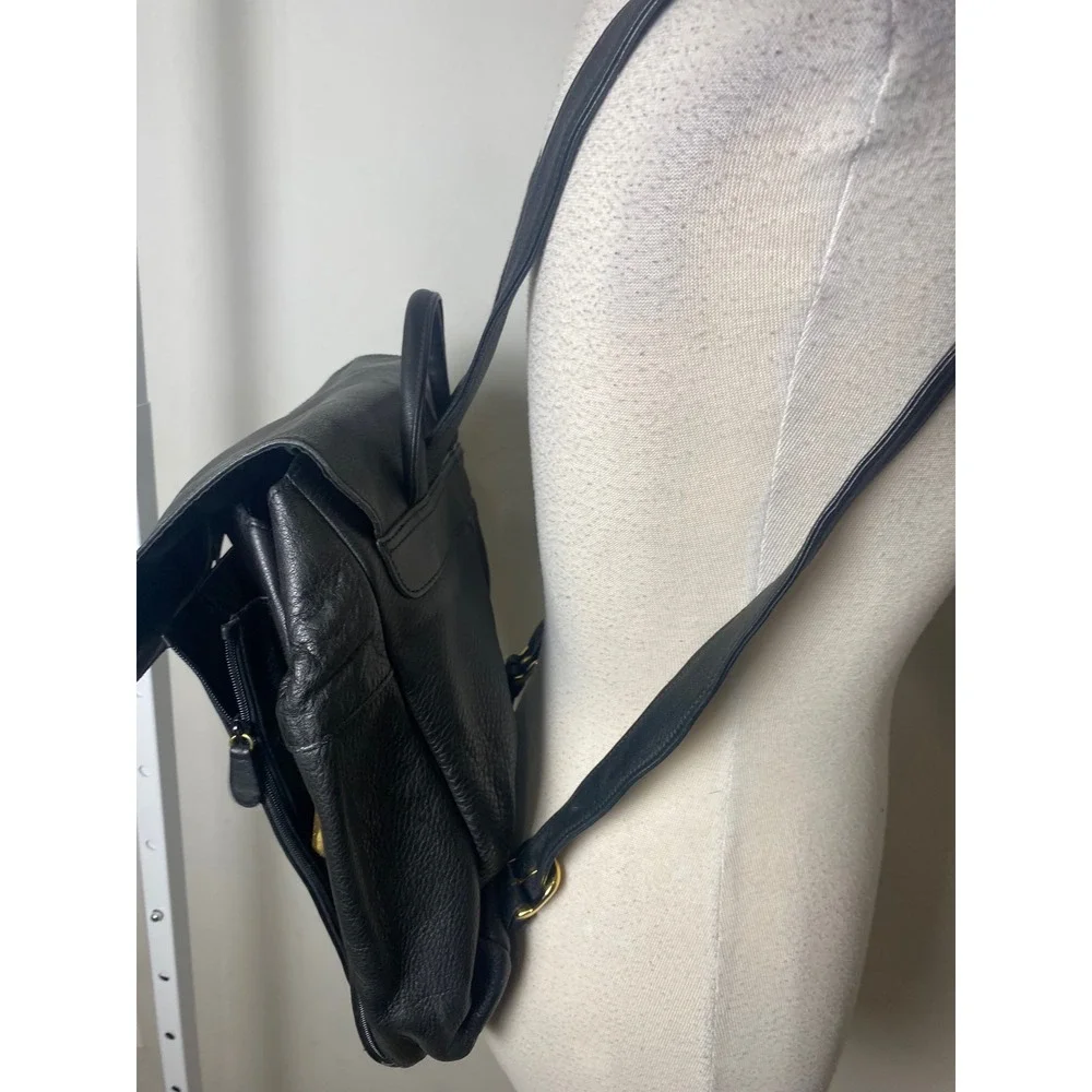 Valerie Stevens Black Leather Backpack Gold Hardware Flap Closure Handbag